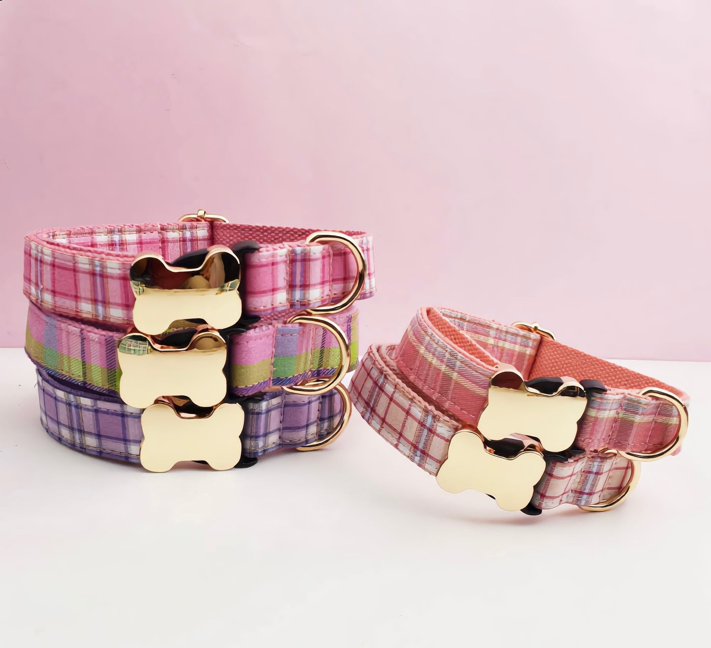 Premium Metal Buckle Collar - Bone Shape Rainbow Plaid