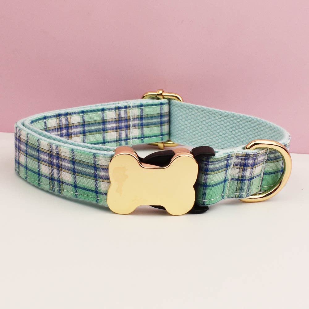 Premium Metal Buckle Collar - Bone Shape Green Plaid