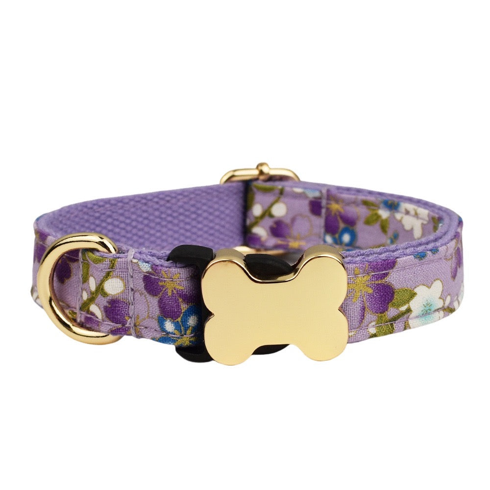 Premium Metal Buckle Collar - Bone Shape Purple with Flower XS