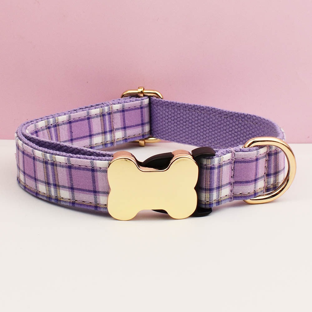 Premium Metal Buckle Collar - Bone Shape Purple Plaid