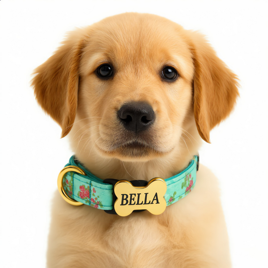 Premium Metal Buckle Collar - Bone Shape Green with Flower XS