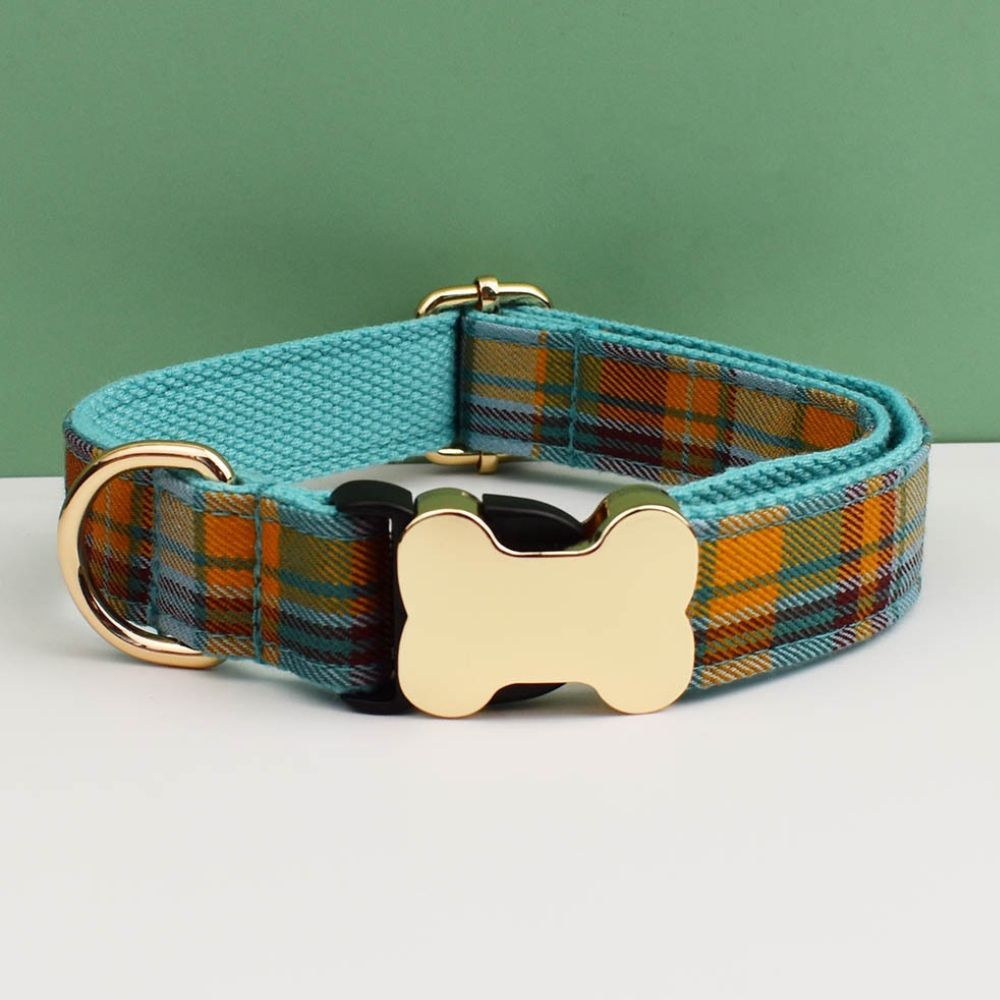 Premium Metal Buckle Collar - Bone Shape Dark Green Plaid