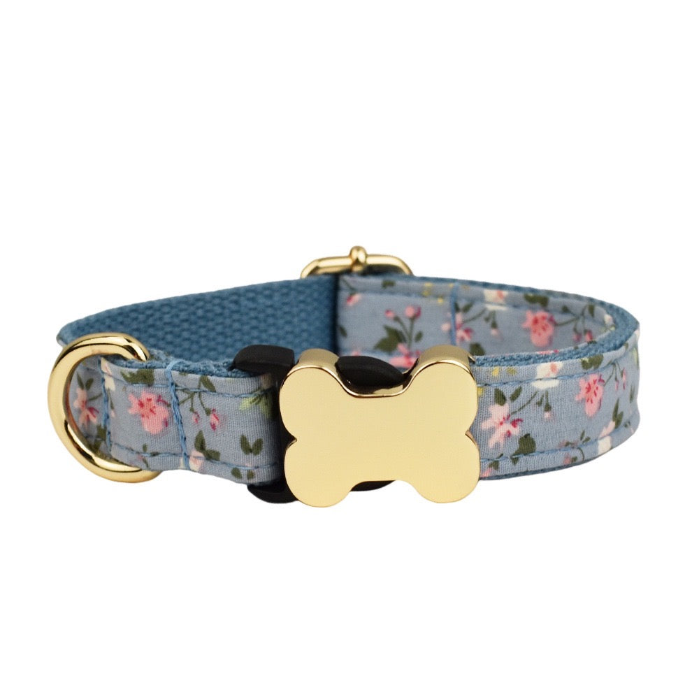 Premium Metal Buckle Collar - Bone Shape Blue with Flower XS