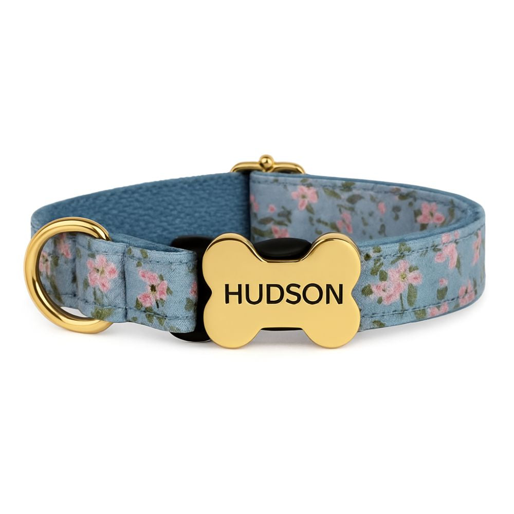 Premium Metal Buckle Collar - Bone Shape Blue with Flower XS