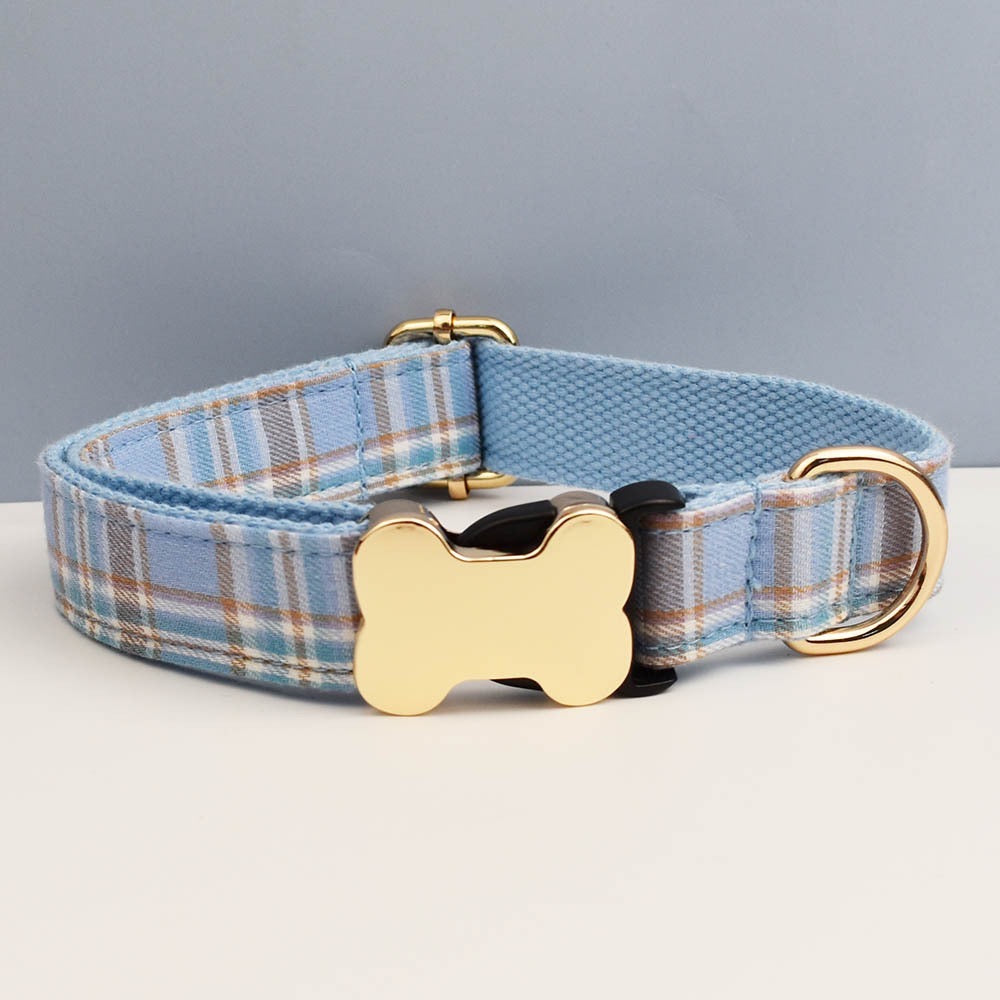 Premium Metal Buckle Collar - Bone Shape Blue Plaid