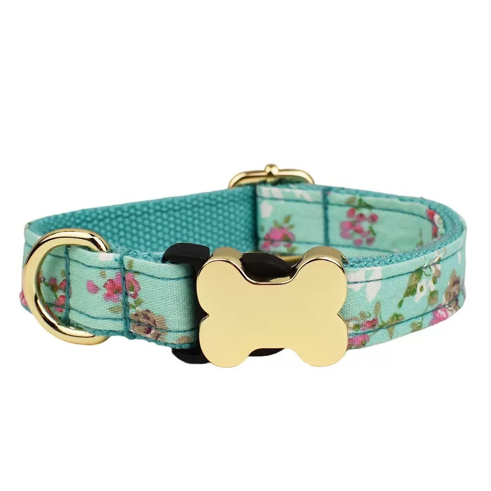 Premium Metal Buckle Collar - Bone Shape Green with Flower XS