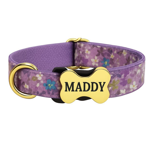 Premium Metal Buckle Collar - Bone Shape Purple with Flower XS