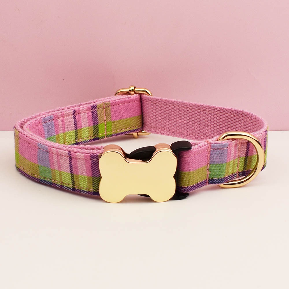 Premium Metal Buckle Collar - Bone Shape Rainbow Plaid