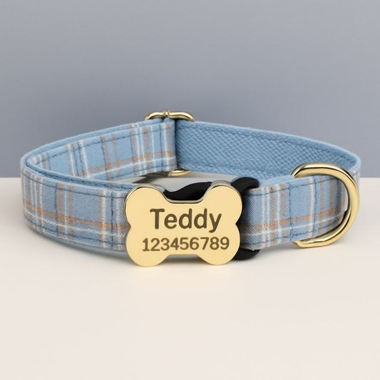 Premium Metal Buckle Collar - Bone Shape Blue Plaid