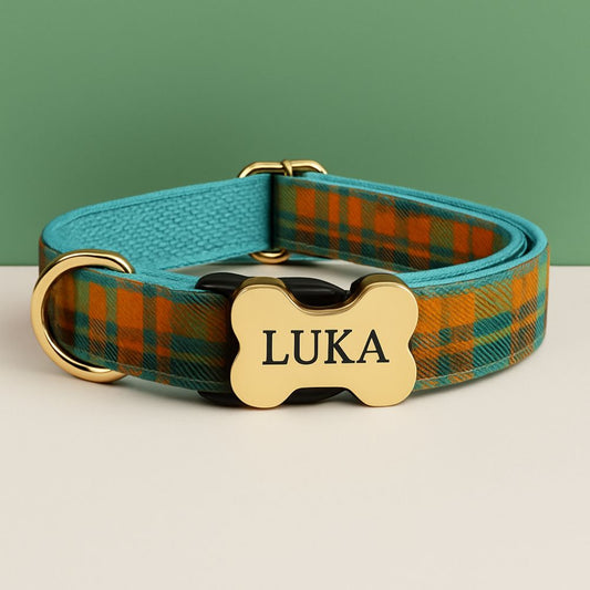 Premium Metal Buckle Collar - Bone Shape Dark Green Plaid