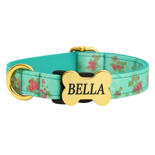 Premium Metal Buckle Collar - Bone Shape Green with Flower XS