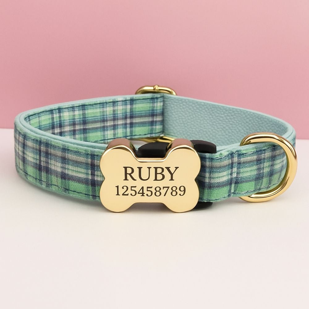 Premium Metal Buckle Collar - Bone Shape Green Plaid