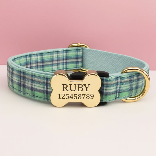 Premium Metal Buckle Collar - Bone Shape Green Plaid