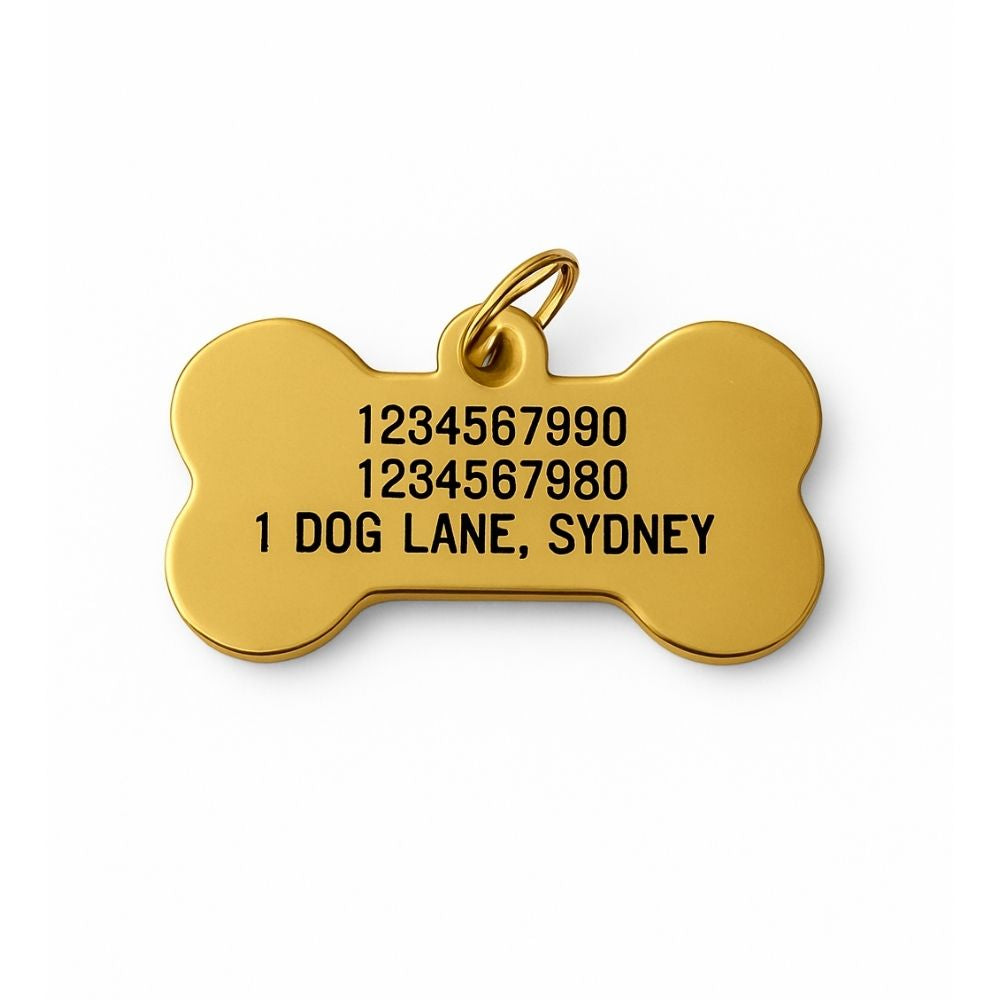 Gold bone-shaped stainless steel pet tag with engraved text on a white background