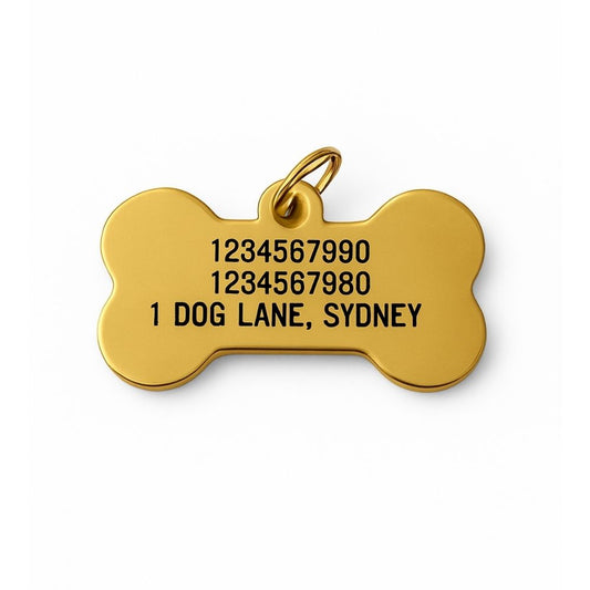 Gold bone-shaped stainless steel pet tag with engraved text on a white background