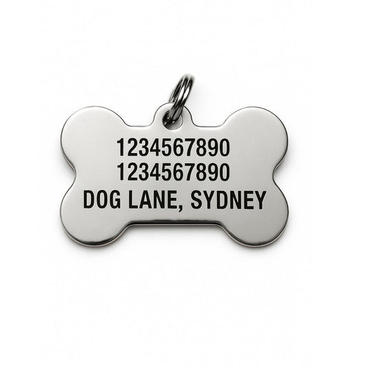 Metallic stainless steel dog tag with engraved text on a white background