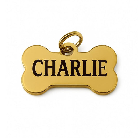 Gold bone-shaped stainless steel pet tag with 'CHARLIE' engraved on a white background