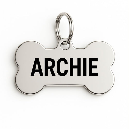 Stainless Steel Dog tag with 'ARCHIE' engraved on a white background